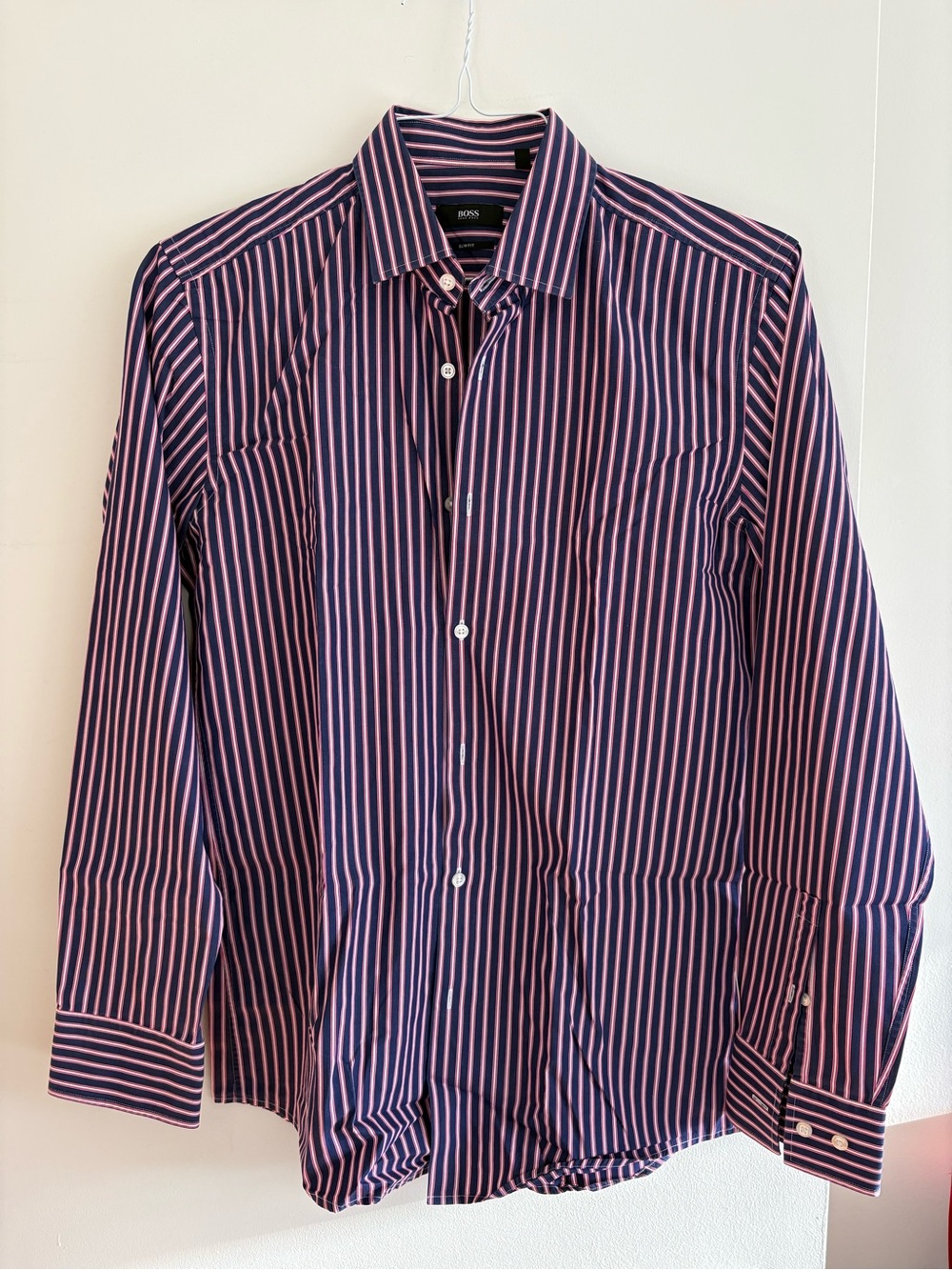 BOSS Navy & Pink Striped Cotton Dress Shirt